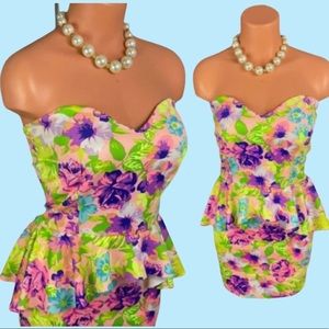 Colorful Vibrant Vintage 80s Floral Strapless Bodycon Peplum Skirt Mini Dress M